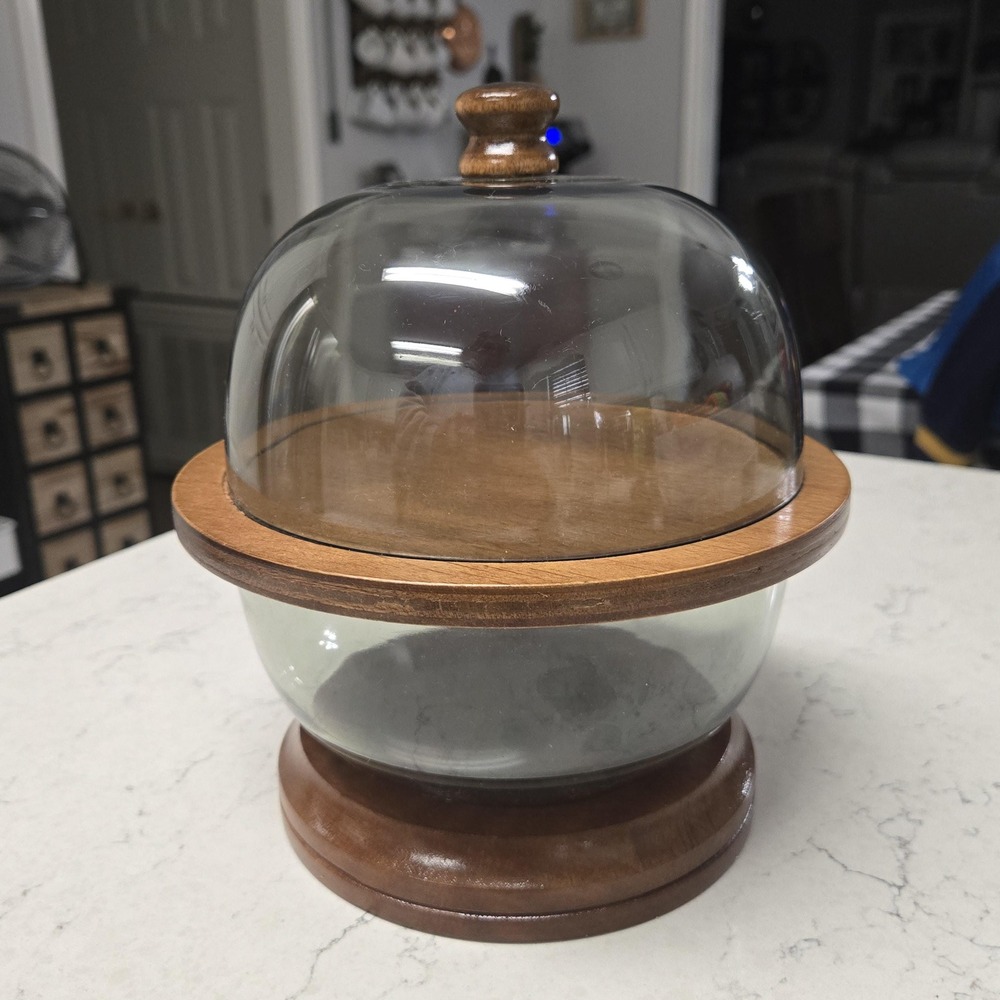 Vtg 60s MCM Cheese & Cracker Teak Wood & Acrylic Double Cloche Interpur Taiwan